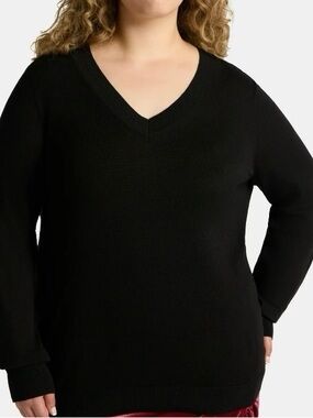 Terra & Sky Women V-Neck Fine Gauge Pullover Sweater, Lightweight, Size 2X Black